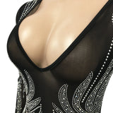 Mesh See-through V-neck Hot Rhinestones Bodycon Maxi Dress