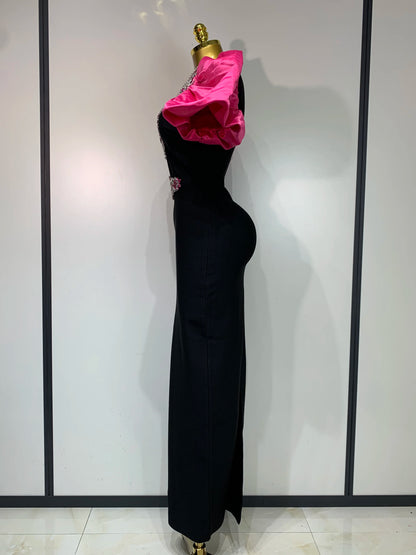 Puff Sleeve Square Collar Shinning Crystal Bodycon Long Dress