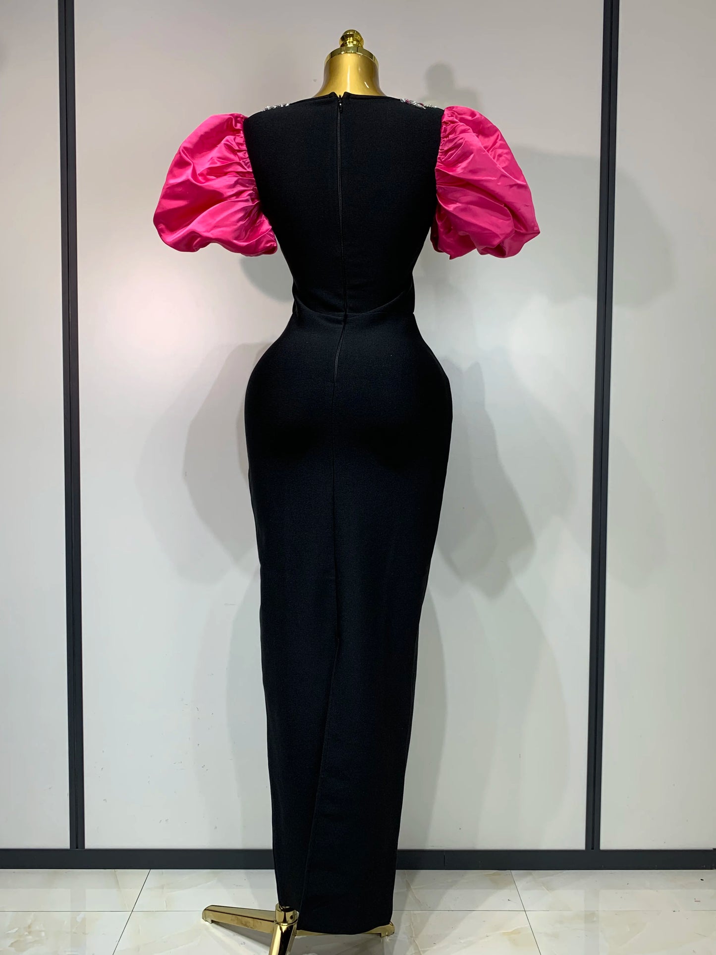 Puff Sleeve Square Collar Shinning Crystal Bodycon Long Dress