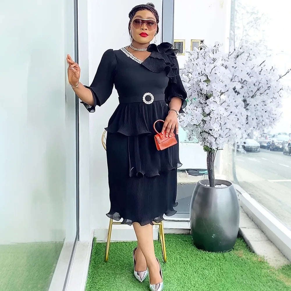 Elegant Pleated V Neck Shiny Rhinestone Waist Belt Dress