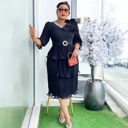 Elegant Pleated V Neck Shiny Rhinestone Waist Belt Dress