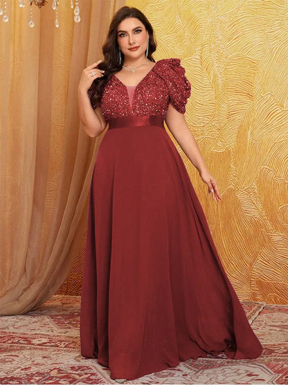 Plus Size V Neck Puff Sleeve Sparkling Evening Dress