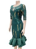 Mesh See Through Sequined Three Quarter Sleeves Evening Dress