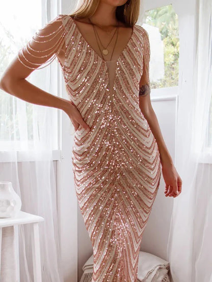 Mermaid V Neck Sequins Luxury Evening Dress