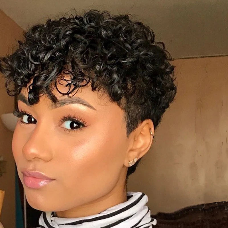 Pixie Cut Glueless Rose Net Cap with Fringe Bangs 180% Density