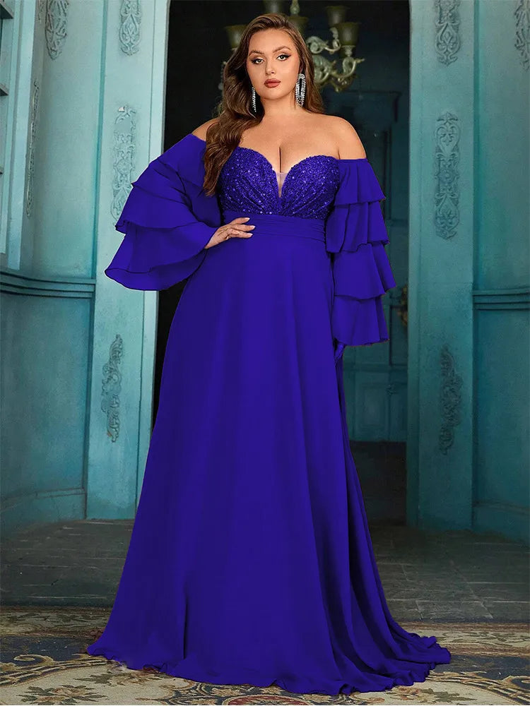Plus Size Off Shoulder Chiffon Sparkling Evening Gown