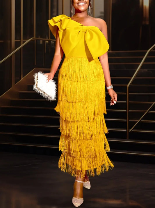 One Shoulder Fringe Long Dress