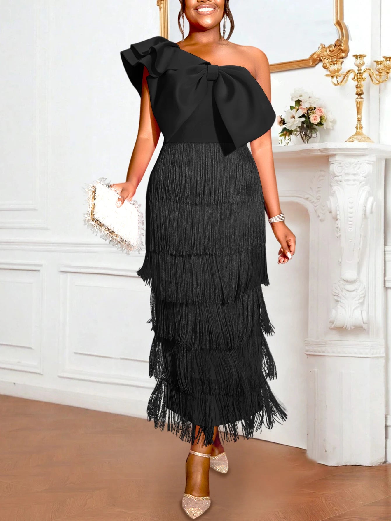 One Shoulder Fringe Long Dress