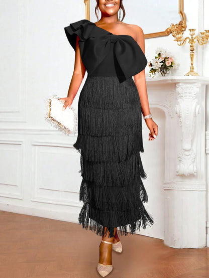 One Shoulder Fringe Long Dress