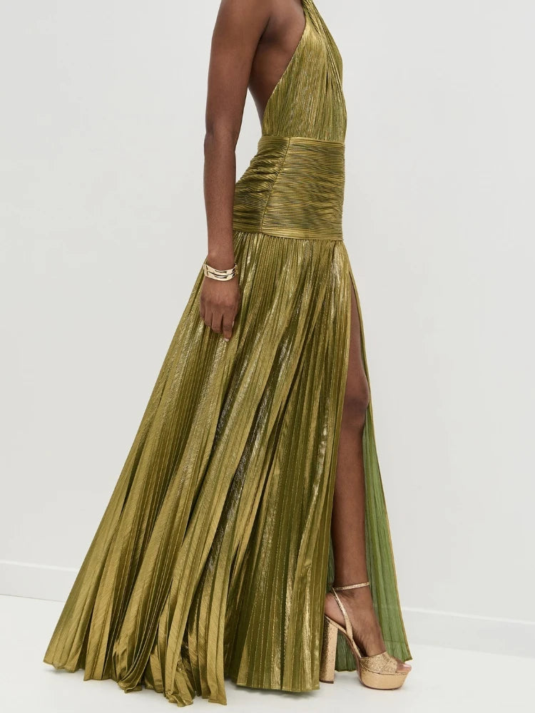 Gold Metallic Halter Sleeveless Cold Shoulder Backless Floor-Length Cocktail Dress