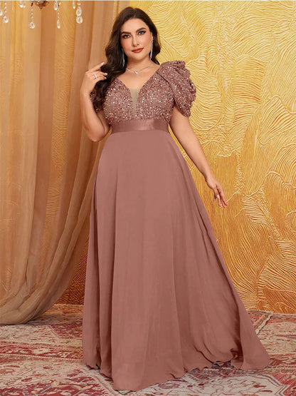 Plus Size V Neck Puff Sleeve Sparkling Evening Dress