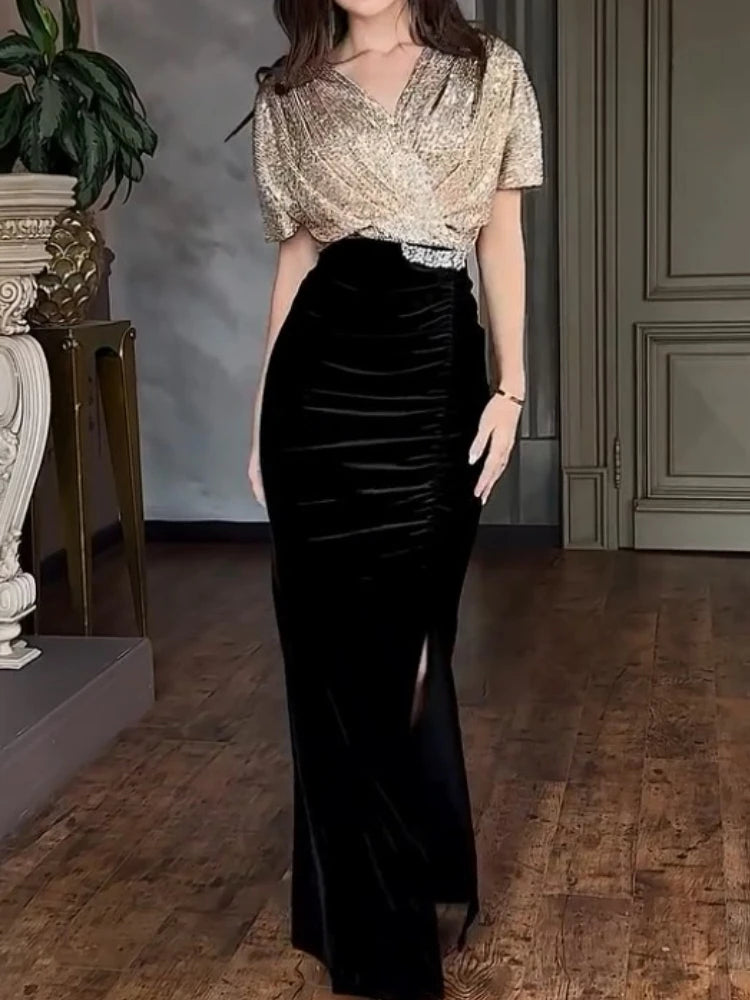 Sequins Patchwork V Neck Short Batwing Sleeves High Waist Cocktail Dress