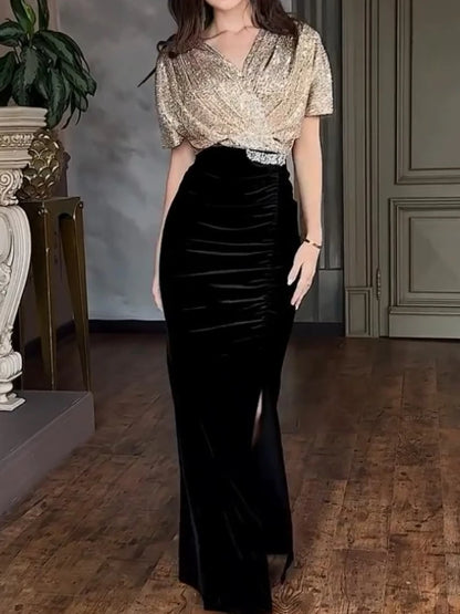 Sequins Patchwork V Neck Short Batwing Sleeves High Waist Cocktail Dress