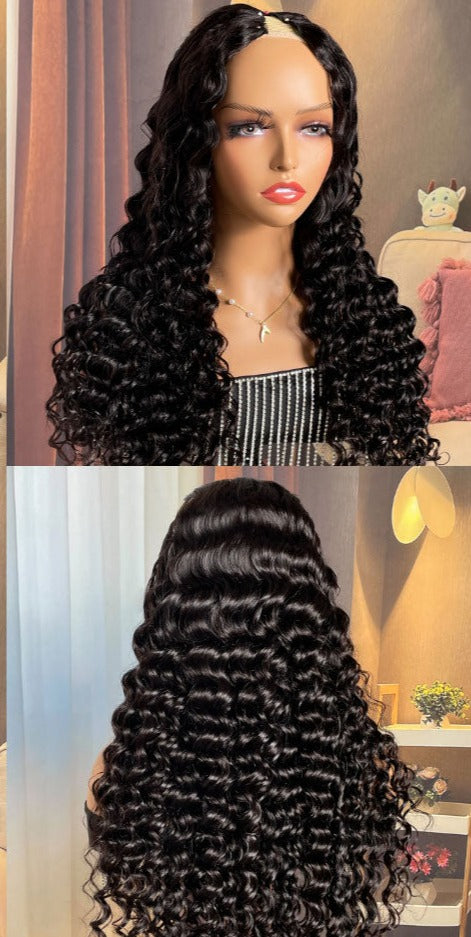 Deep Wave V Part Glueless No Lace No Leave Out 250 Density Human Hair Wig