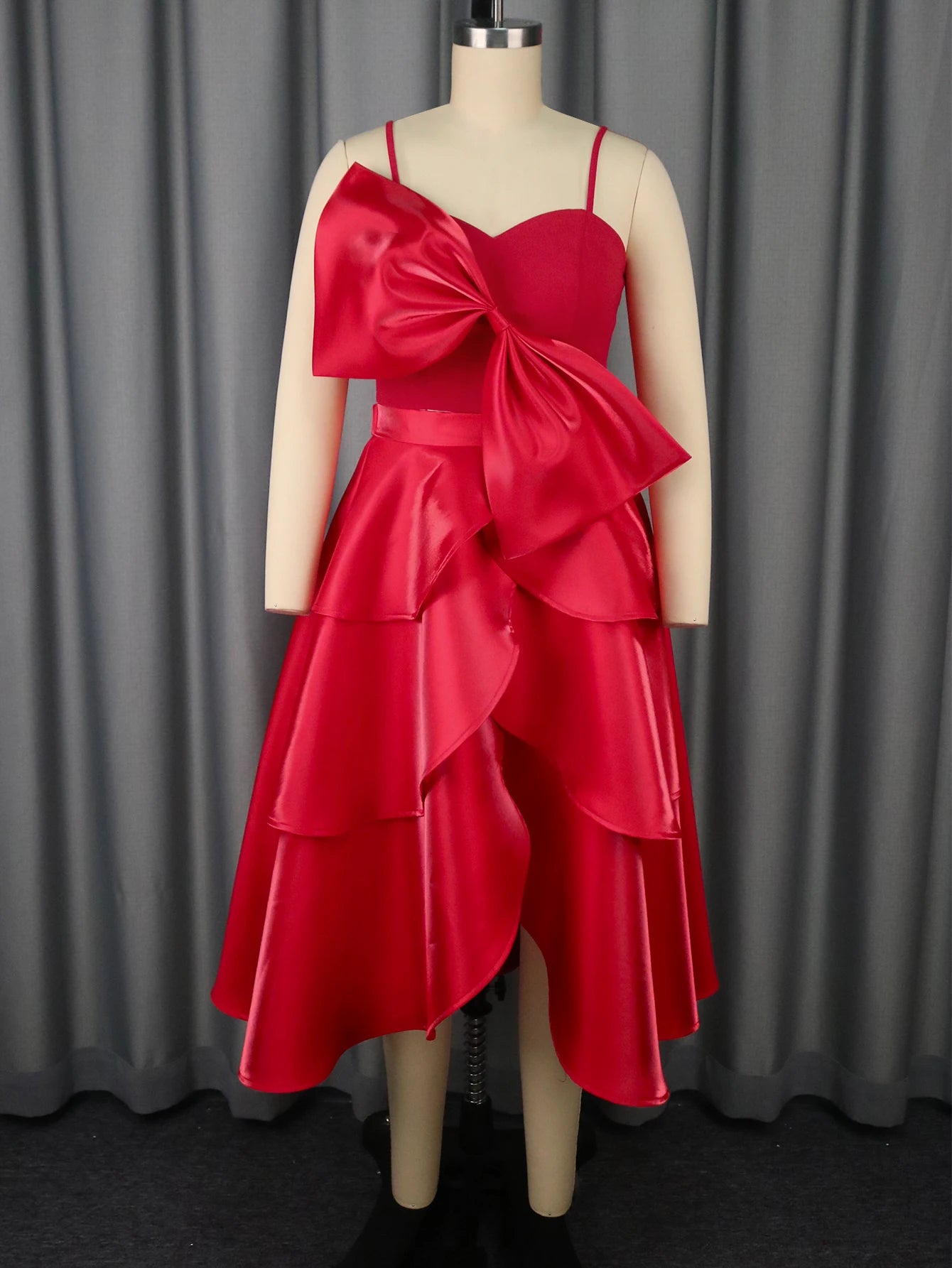 Spaghetti Strap Tops with Bowtie Layered Ruffle Hem Asymmetric A Line Skirt Two Piece Sets