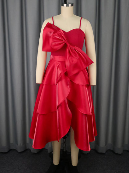 Spaghetti Strap Tops with Bowtie Layered Ruffle Hem Asymmetric A Line Skirt Two Piece Sets