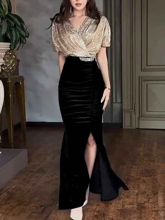 Sequins Patchwork V Neck Short Batwing Sleeves High Waist Cocktail Dress