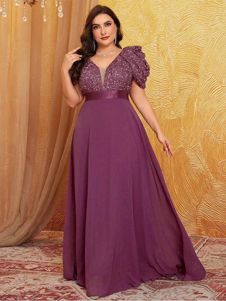 Plus Size V Neck Puff Sleeve Sparkling Evening Dress