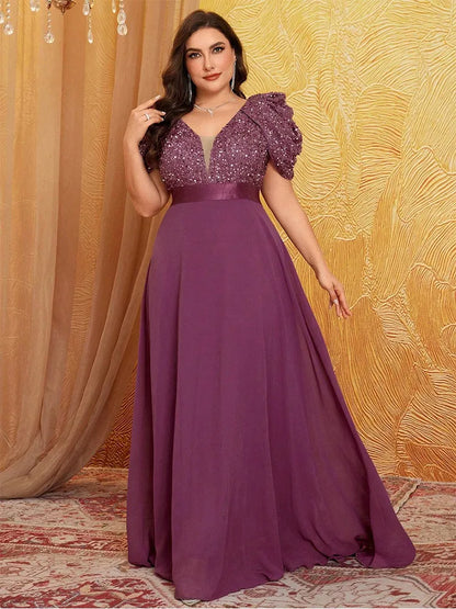 Plus Size V Neck Puff Sleeve Sparkling Evening Dress