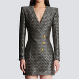 New Fashion Jacquard Fabric V-neck Slimming Three-button Long-sleeved Dress