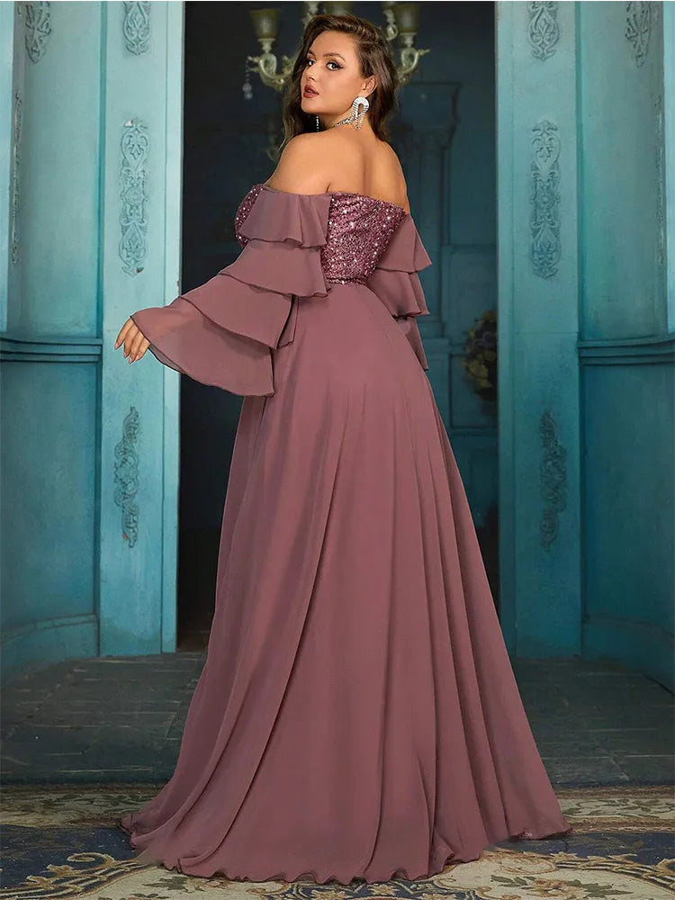 Plus Size Off Shoulder Chiffon Sparkling Evening Gown