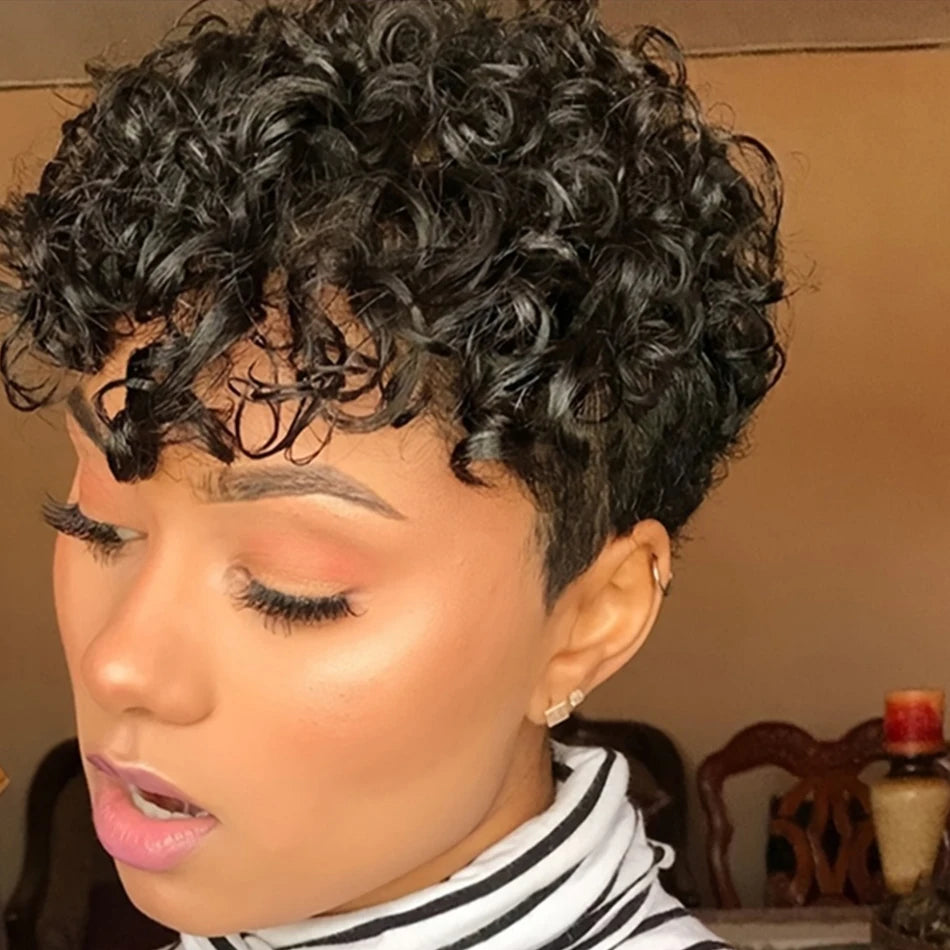 Pixie Cut Glueless Rose Net Cap with Fringe Bangs 180% Density