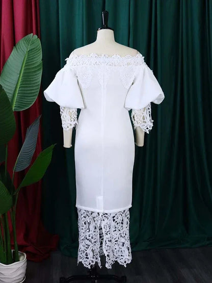 Tight Lace Bubble Sleeve Off Shoulder Dress