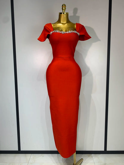 Sexy Square Collar Stretch Bandage Long Party Dress