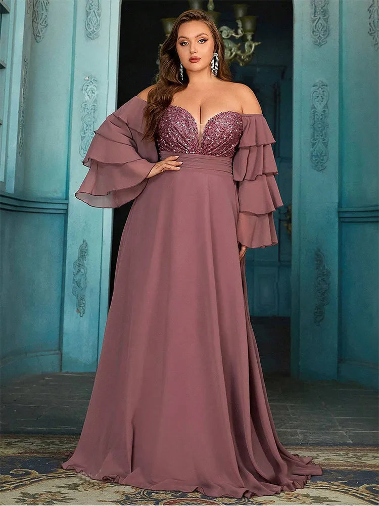 Plus Size Off Shoulder Chiffon Sparkling Evening Gown