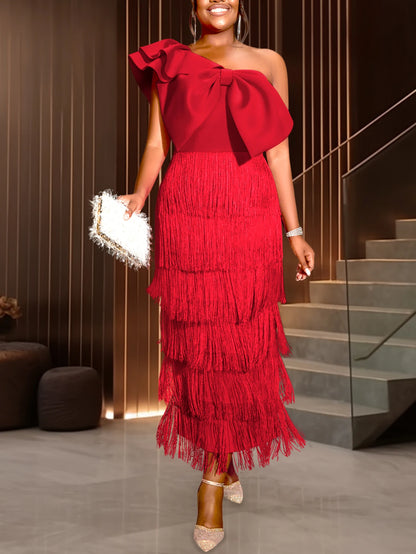 One Shoulder Fringe Long Dress