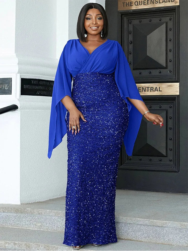 Plus Size V Neck Sequin Luxury Evening Dress