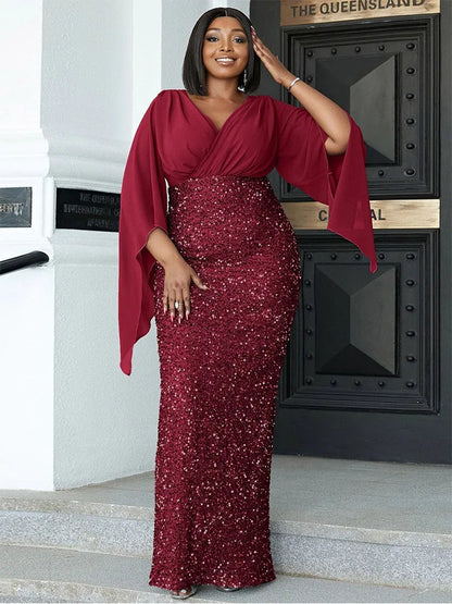 Plus Size V Neck Sequin Luxury Evening Dress