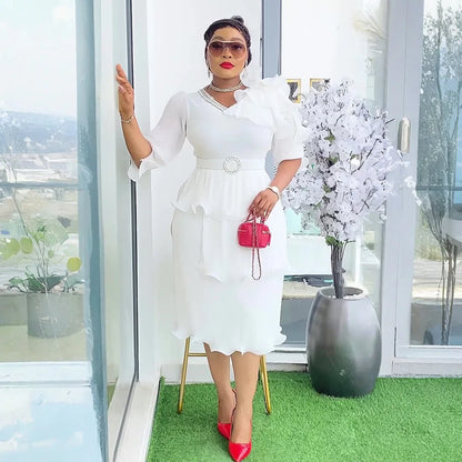 Elegant Pleated V Neck Shiny Rhinestone Waist Belt Dress