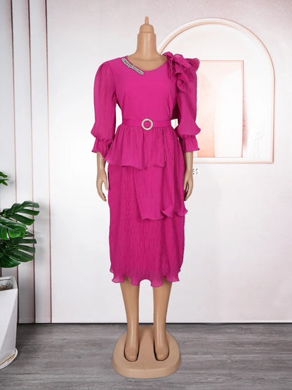 Elegant Pleated V Neck Shiny Rhinestone Waist Belt Dress