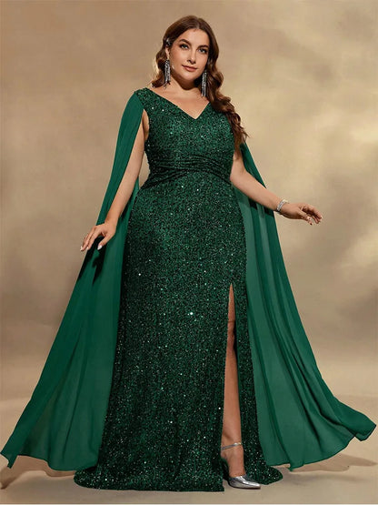 Plus Size V-Neck Sleeveless Chiffon Sequin Floor-Length Evening Dress