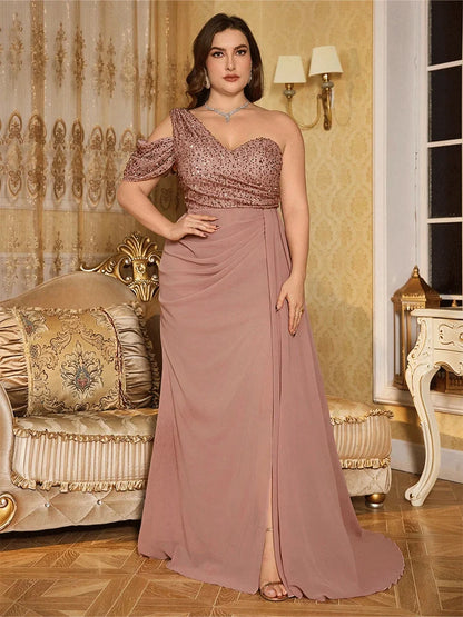 Off-Shoulder Floor-Length Shiny Sequined Chiffon Big Size Gown