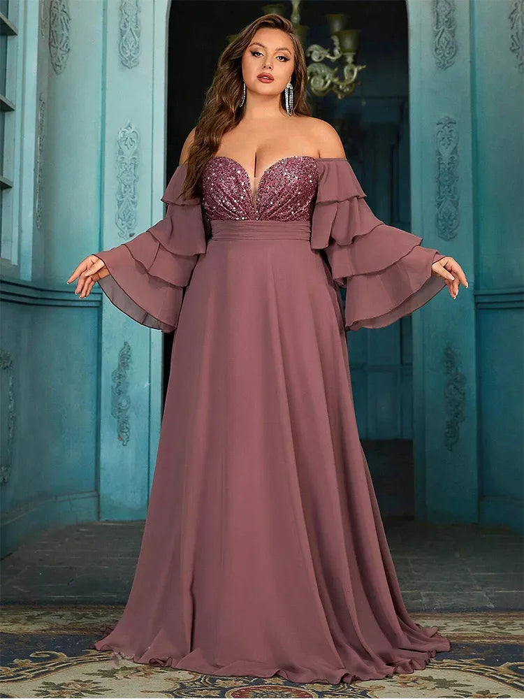 Plus Size Off Shoulder Chiffon Sparkling Evening Gown