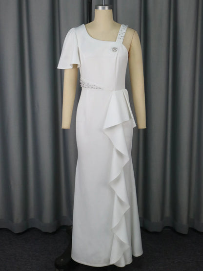 One Shoulder Asymmetric Ruffle Rhinestone Formal Dress