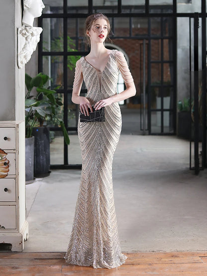 Mermaid V Neck Sequins Luxury Evening Dress