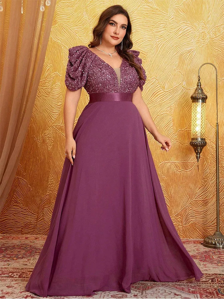 Plus Size V Neck Puff Sleeve Sparkling Evening Dress