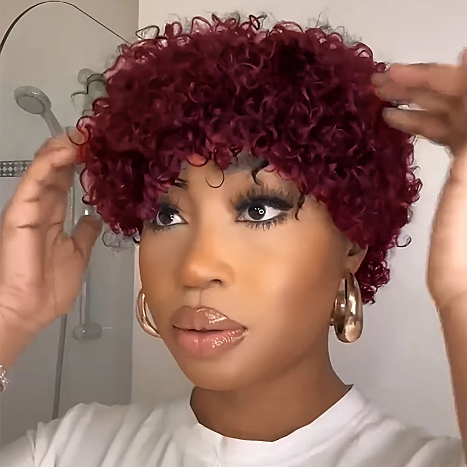 Burgundy 99J Color Short Afro Kinky Curly Glueless Wig
