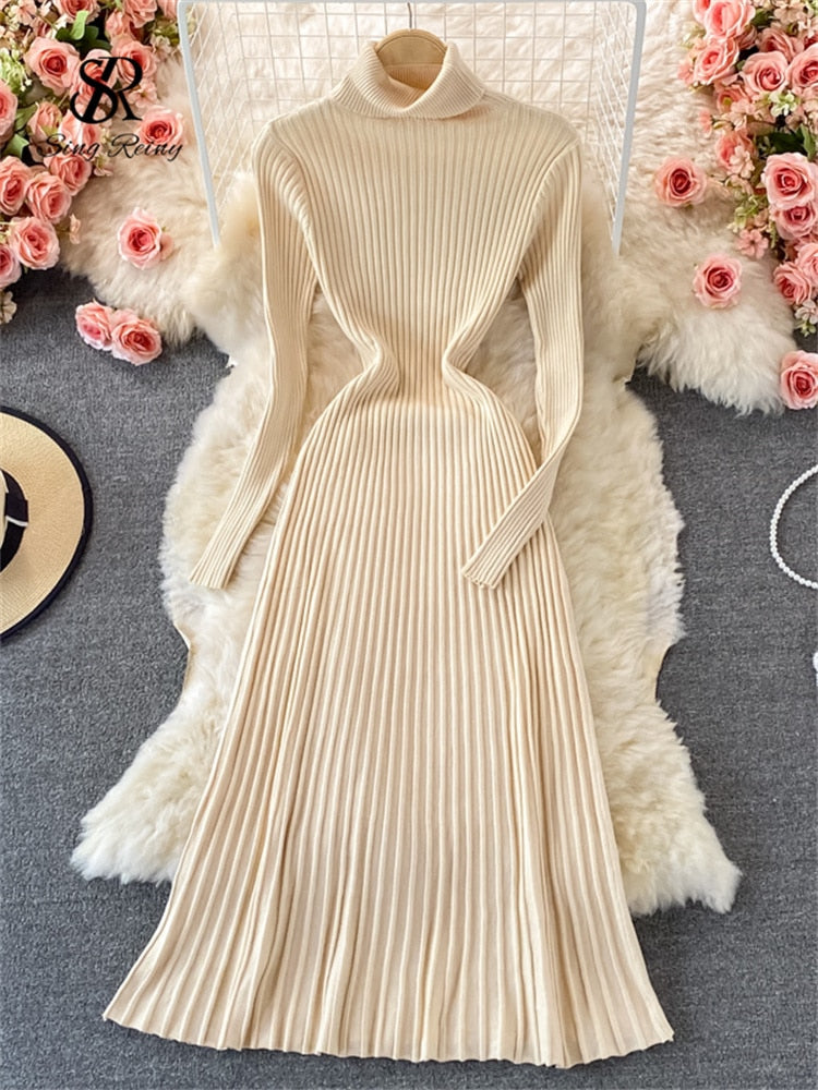 Pleated Knitted Turtleneck Long Sleeve Elastic Slim Pencil Dress