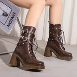 Square Toe Rubber Sole Mid-calf Chunky High Heels Lace-up Cowboy Boots