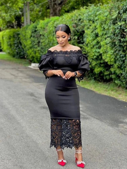 Tight Lace Bubble Sleeve Off Shoulder Dress