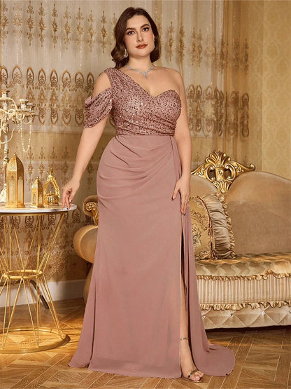 Off-Shoulder Floor-Length Shiny Sequined Chiffon Big Size Gown