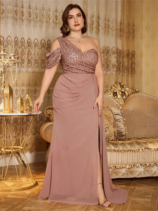 Off-Shoulder Floor-Length Shiny Sequined Chiffon Big Size Gown