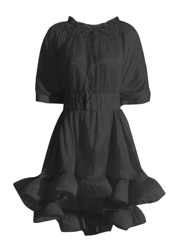 Round Neck Short Sleeve High Waist Elegant A Line Dress
