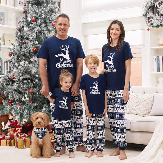 Christmas Reindeer Pattern Glow In The Dark Print Top And Pants Family Pajamas Set