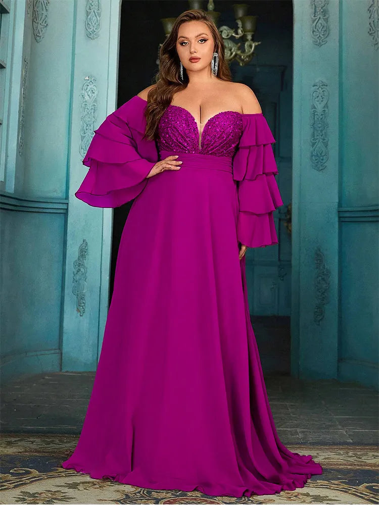 Plus Size Off Shoulder Chiffon Sparkling Evening Gown