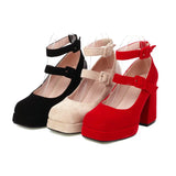 PU and Velvet Square Toe Double Buckle Strap Platform Mary Janes Stiletto Chunky High Heels